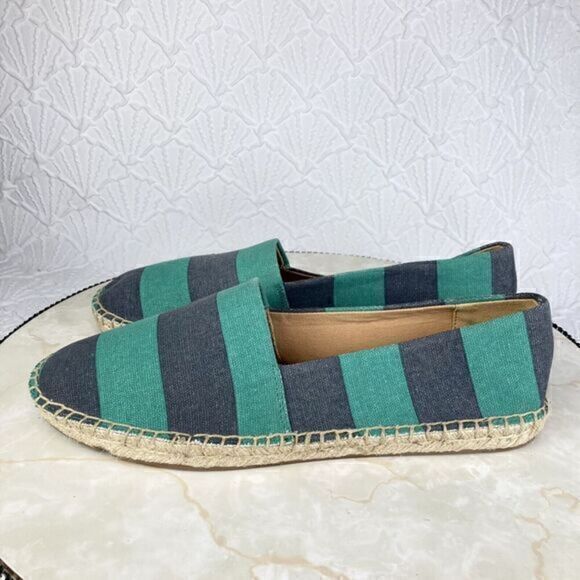 J. Crew Flats Women 8 Navy Green Kely Stripe Canvas Slip On Nautical Espadrilles - Picture 6 of 14
